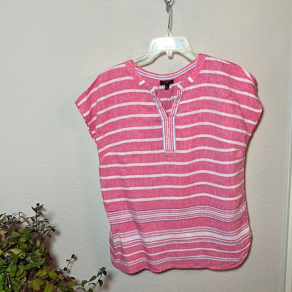 Talbots 100% Linen Pink White Blue Striped Blouse Women’s Size Medium Petite